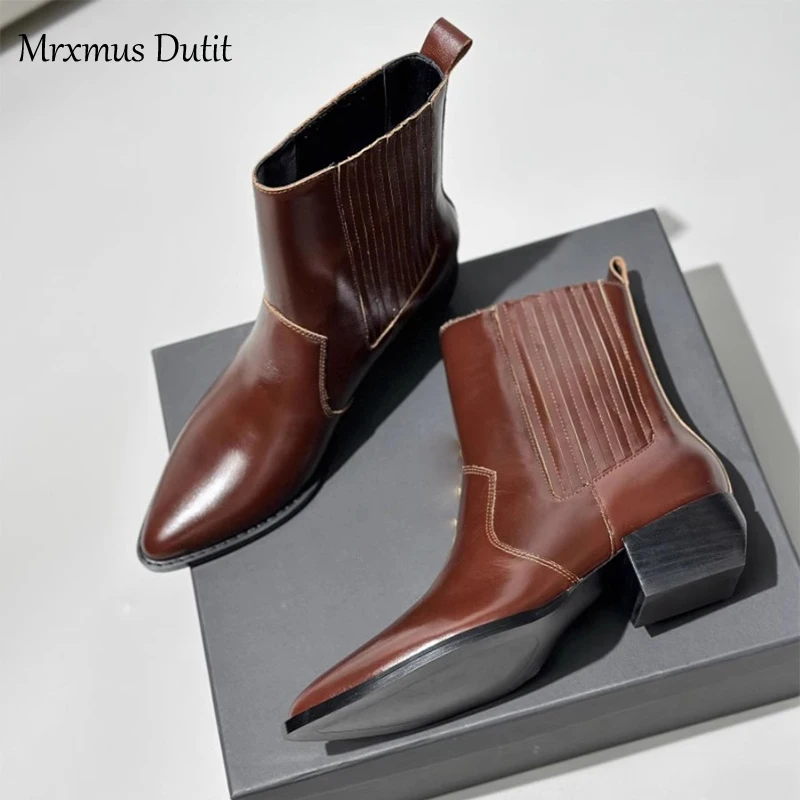 

Mrxmus Dutit 2024 Women Autumn Winter New Genuine Leather Thick Heel Pointed Head Chelsea Shoes Commute Fashion Short Boots