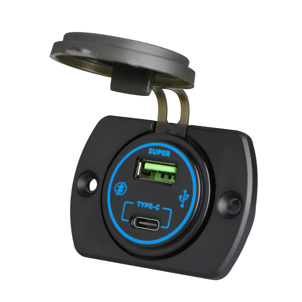 66W Panel Mount LED Ring Dual USB Charging Socket with PD + .0 Support for Cars Trucks Boats RVs and Motorcycles