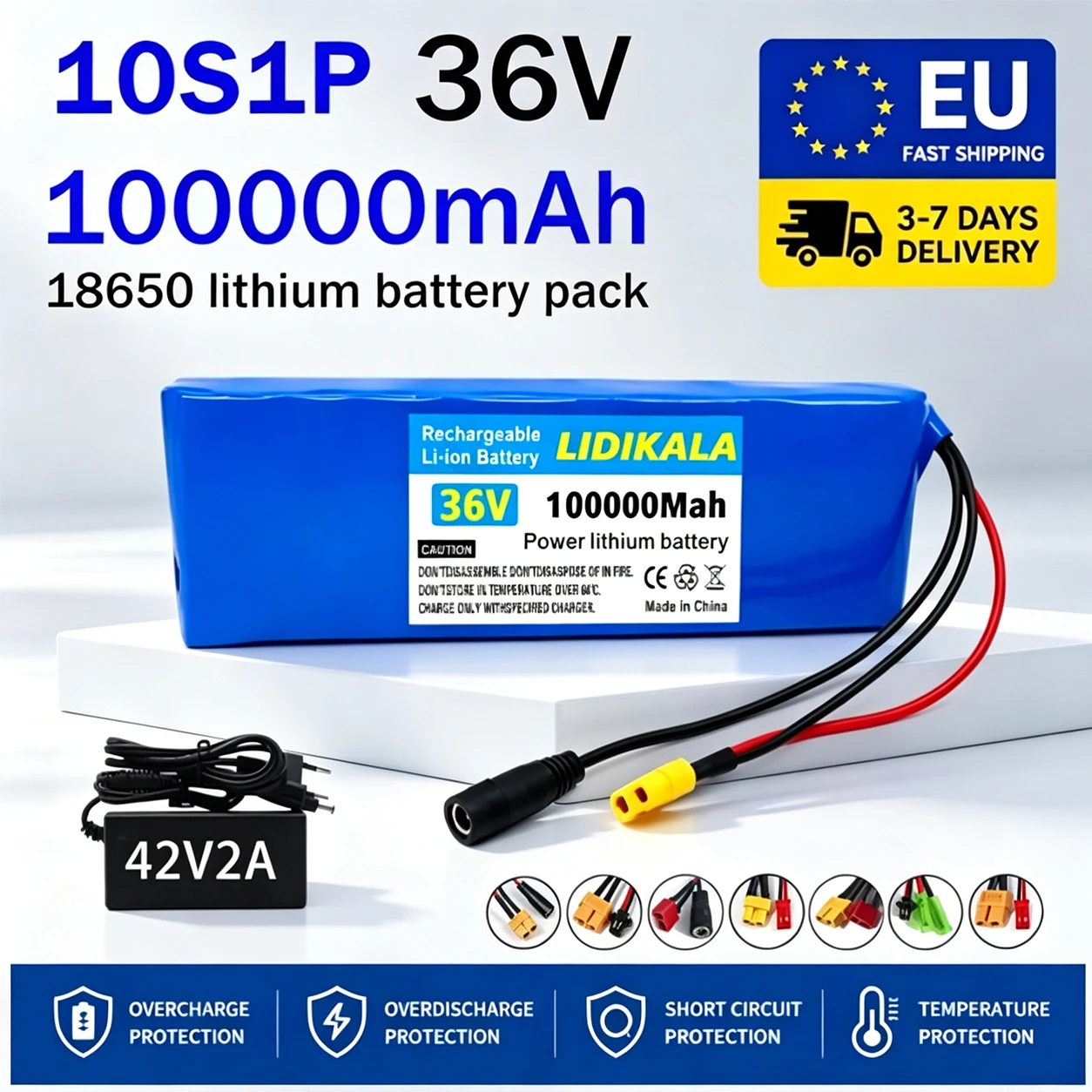 Pacco batteria ricaricabile agli ioni di litio 18650 ad alta capacità 10S1P 36V 100.000 mAh, adatto per motociclette elettriche, BMS 20A, caricabatterie 500W 42V-2A