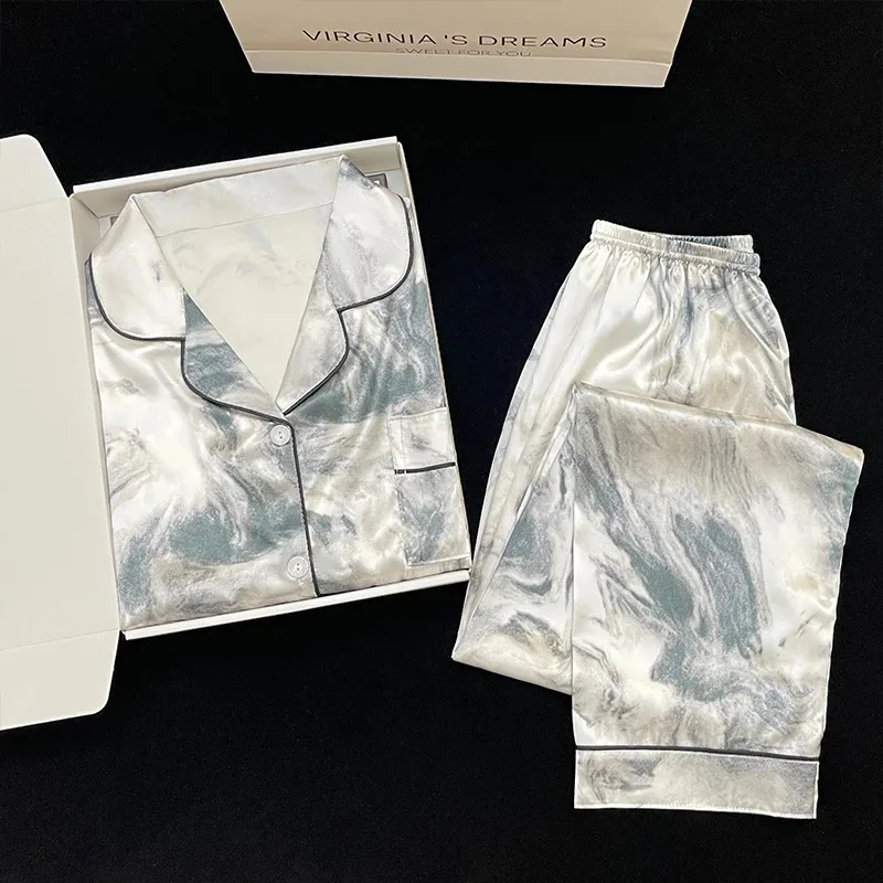 Pajamas Women's Satin Long-sleeved Pajamas Pajamas Suit Flower Printed High-grade Ice Silk Can Be Worn Outside Home Wear Pajamas