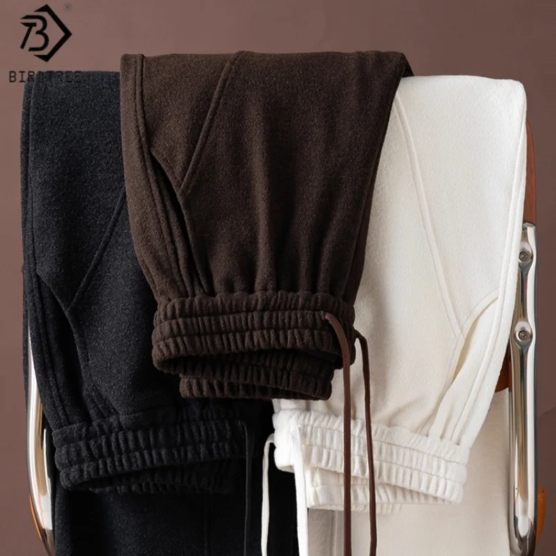 

Birdtree, брюки из смешанного кашемира и шелка, женские теплые повседневные брюки, эластичный пояс, широкие брюки осень-зима 2025 P5N703JF