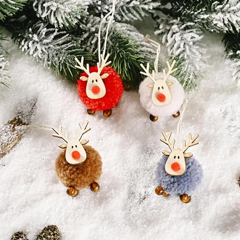 Deer Ornaments For Christmas Tree Soft Reindeer Plush Doll Christmas Antler Pendant Wooden Animal Ornaments Deer Christmas Decor