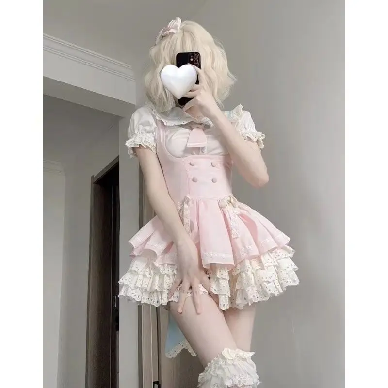 Lolita giapponese dolce JK set da 2 pezzi camicia da donna con colletto per bambola carina + gonna corta con cinturino per torta nuovo vestito chic alla moda Kawaii 2025