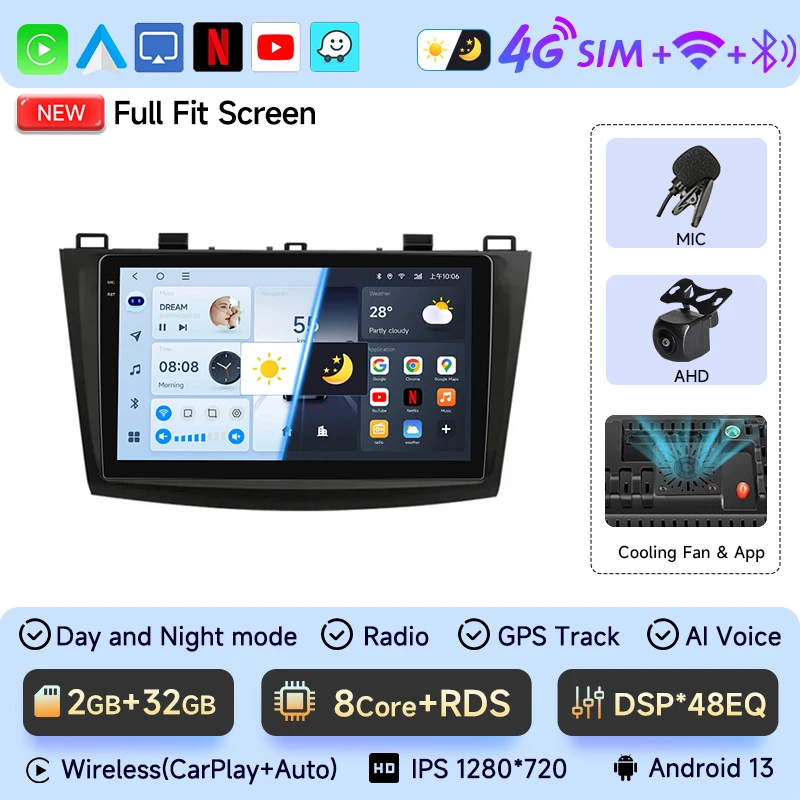 JIUYIN 2 Din Autoradio voor Mazda 3 2009 2010 2011 2012 2013 Android 13 Multimedia Speler 4G GPS Navigatie Carplay DVD Head Unit