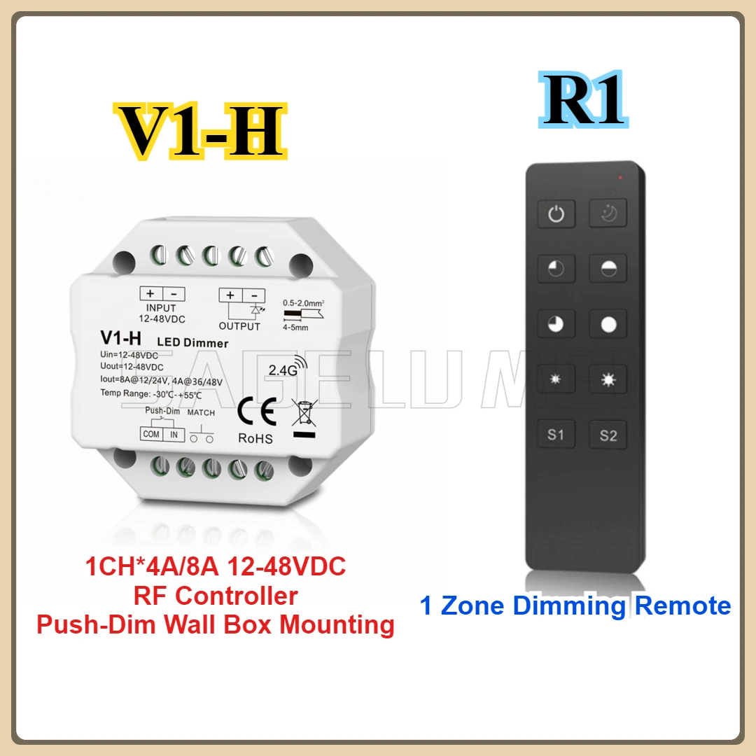 Skydance 12-48VDC V1-H 1CH*4A/8A RF Controller Push-Dim Wall Box Mounting 1 Zone Dimming Remote R1 Dimming For LED Strip Light