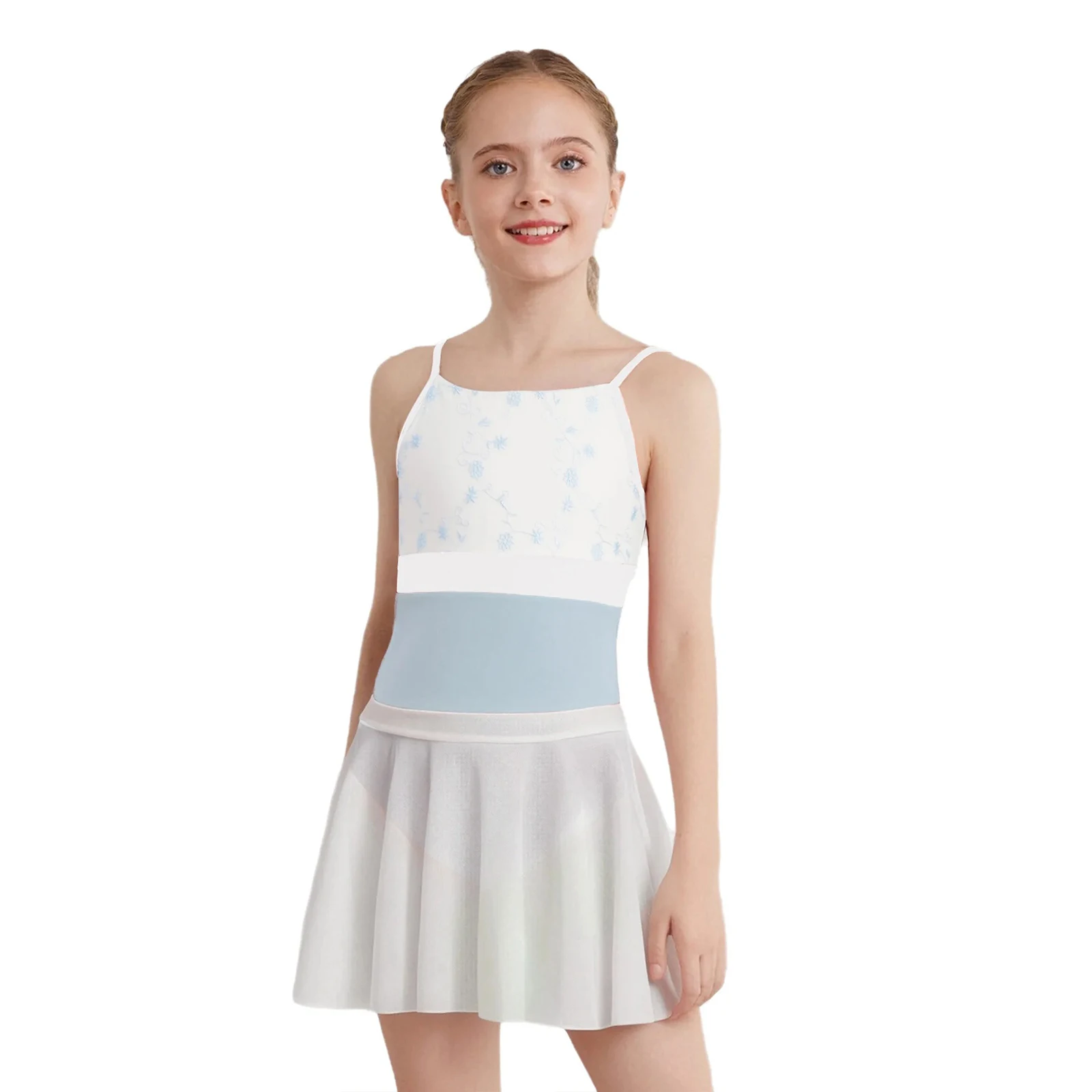 Kids Girls Ballet Leotard Outfits Floral Embroidery Sleeveless Spaghetti Straps Color Block Leotard+Skirt Lyrical Dance Dress