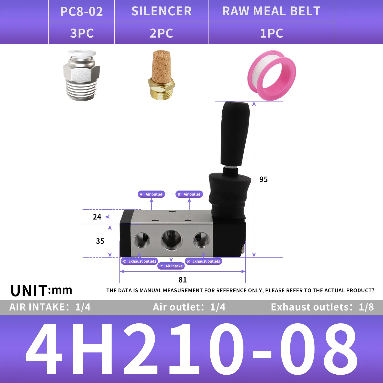 

4H210-08 1/4" 5 Way 2 Position Air Hand Lever Operated Valve Pneumatic Solenoid Valve Manual Control Push-Pull