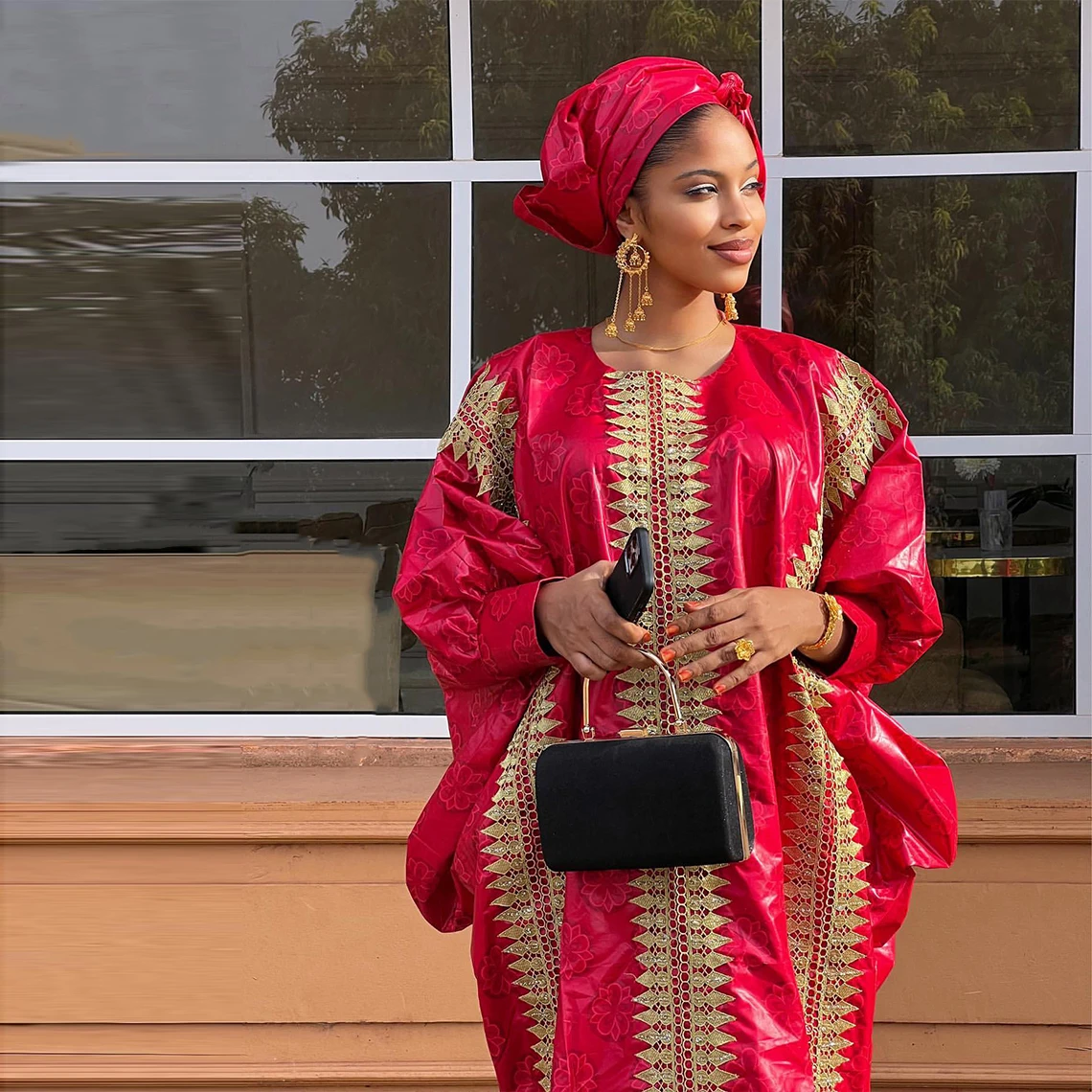 African Red Boubou Bazin Riche Wedding Bride Dress 2023 Latest Nigerian Mali Mix Size Dashiki With Gold Dust Embroidery Gown