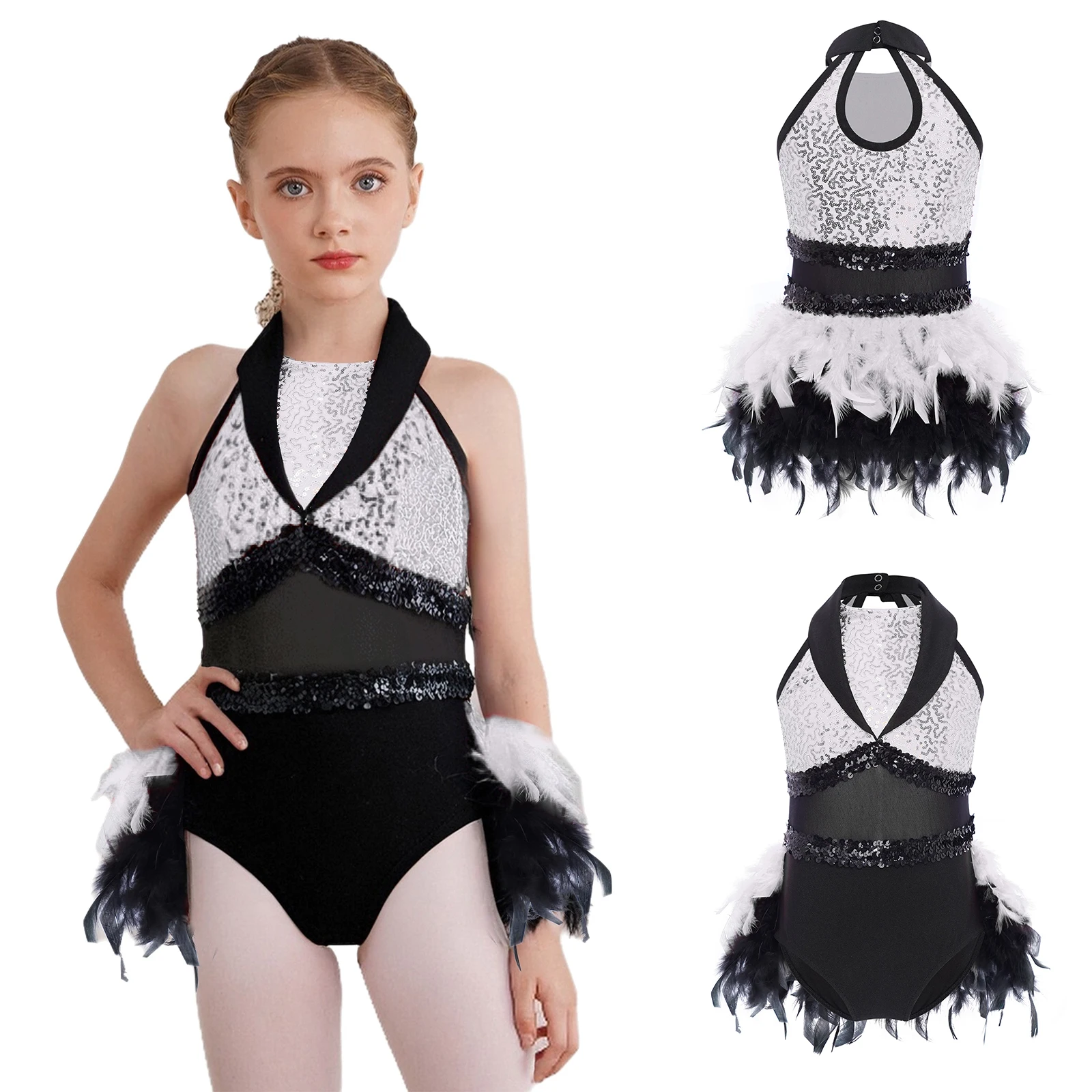

Fashion Kids Girls Jazz Dance Dress Stage Performance Costume Sleeveless Sheer Mesh Waist Keyhole Back Feather Leotard Dancewear