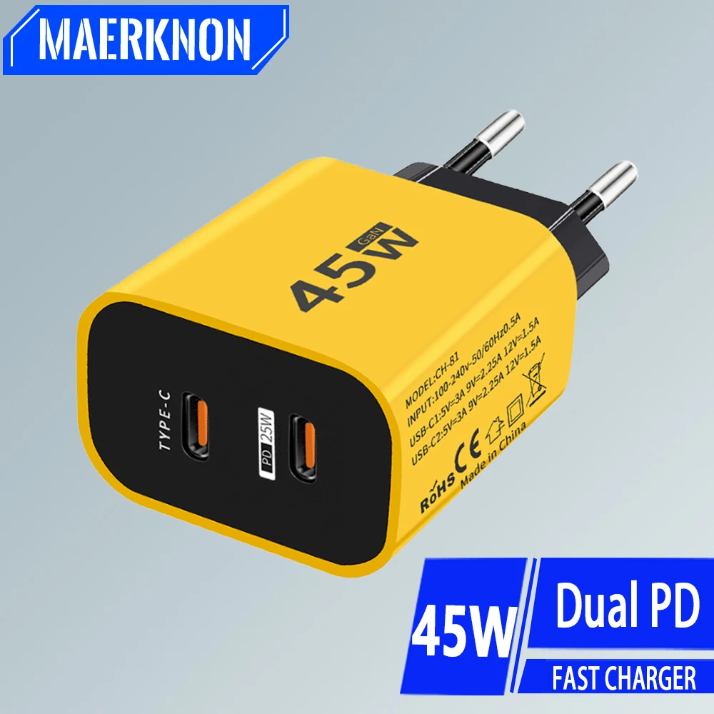 Ładowarka GaN USB C 45 W Szybkie ładowanie Ładowarka do telefonu typu C Adapter do iPhone 15 Samsung Xiaomi Huawei Dual PD Szybka ładowarka ścienna