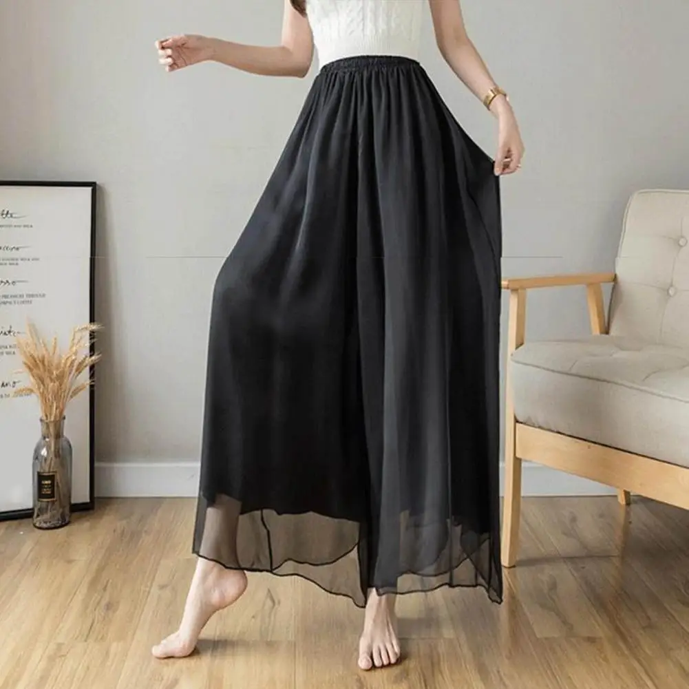 

Elegant Women Skirt Pants Double-Layer Design Elastic Waist Chiffon Long Pants Solid Color Mesh Gauze Trousers