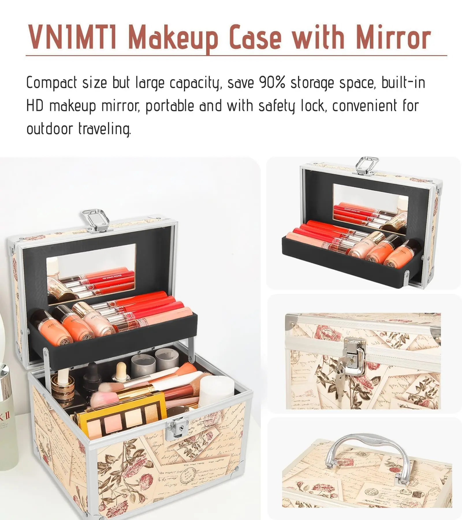 Makeup Boxes Organizer with Mirror Make Up Box Storage Train Cases  Lockable Metal Storage Hard Shell Cosmetic Box