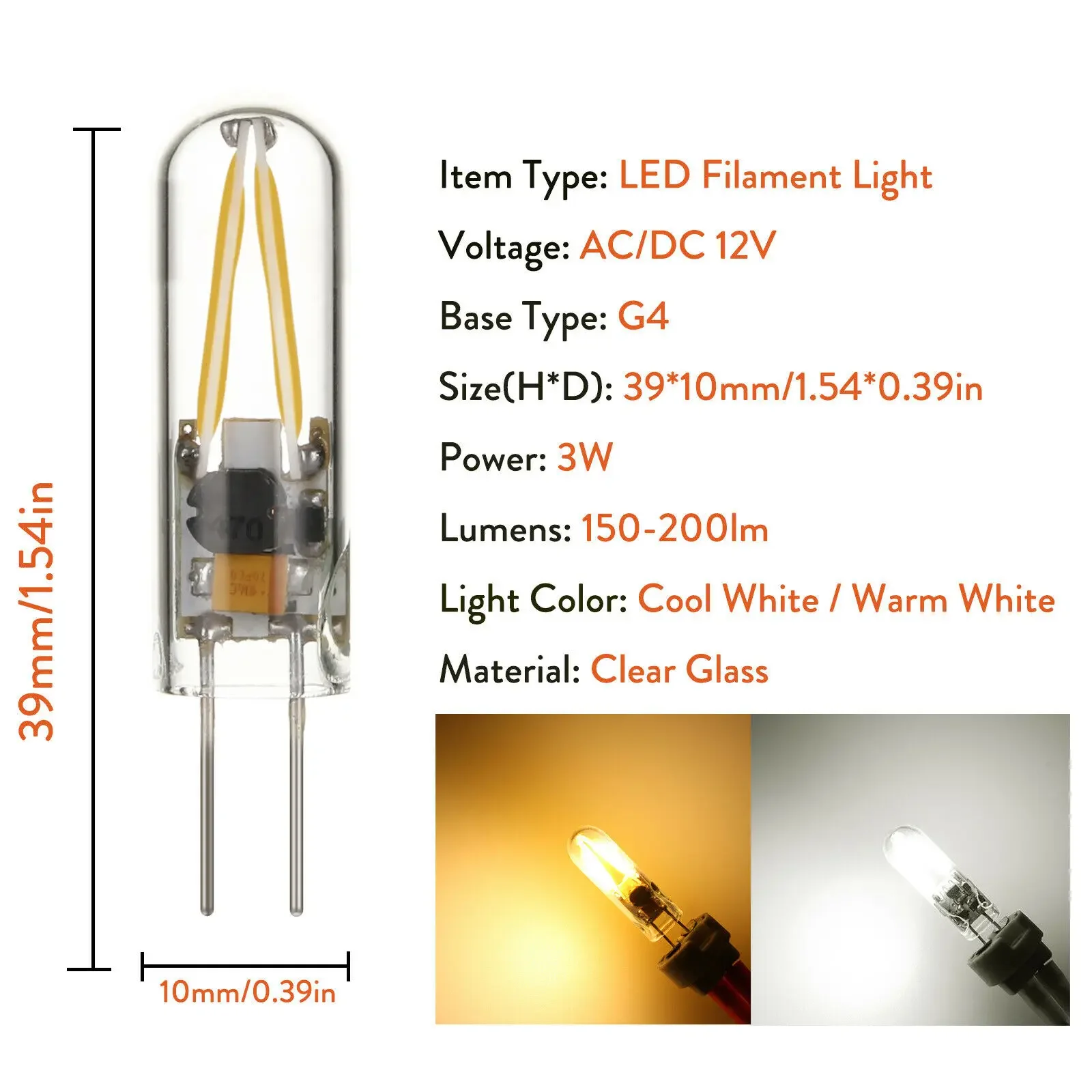 10Pcs Mini 3W AC/DC 12V G4 LED Light Bulbs COB Filament Glass Cover Candle Lamp for Home Living Room Replace Chandelier Halogen