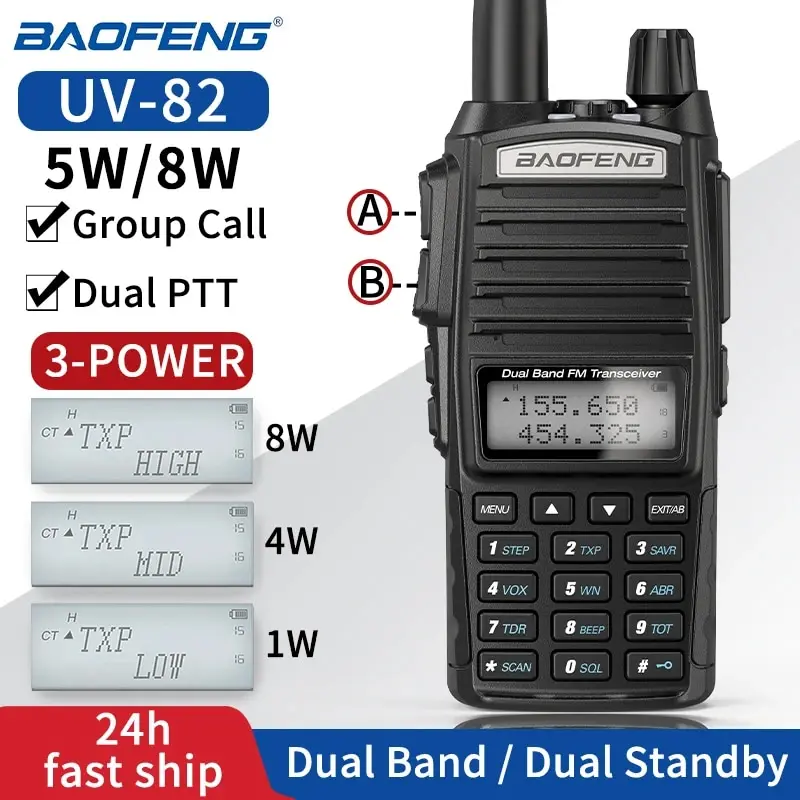 Baofeng UV 82 Walkie Talkie Real 5W 8W Ham Radio Comunicador Dual PTT Largo Alcance 2 vías Portátil FM Amateur Radio Station