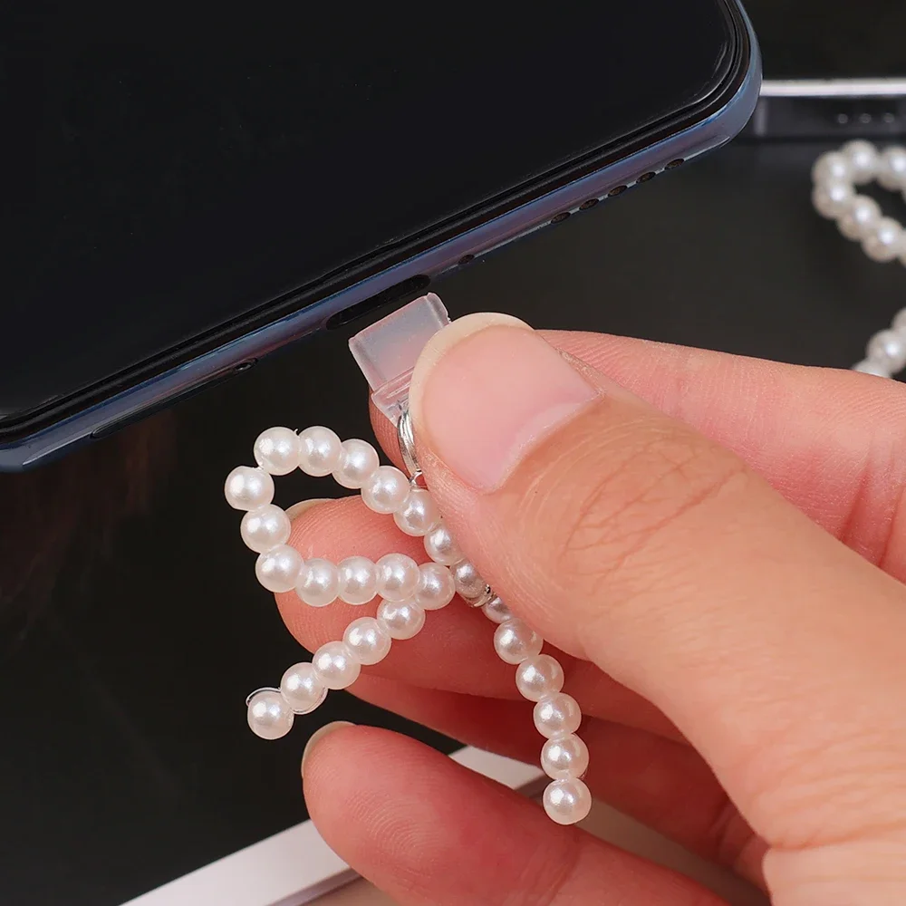 IOS/Type C Mobile Phone Charging Port Dust Plug Pearl Bowknot Dustplugs DIY Pendant Protector Cap for IPhone 14 13 12 XR Type C