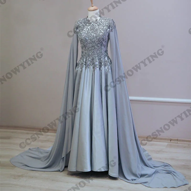 

Satin Appliques Beaded Muslim Evening Dresses Long Sleeve Islamic Formal Party Gowns High Neck Women Arabic Robes De Soirée
