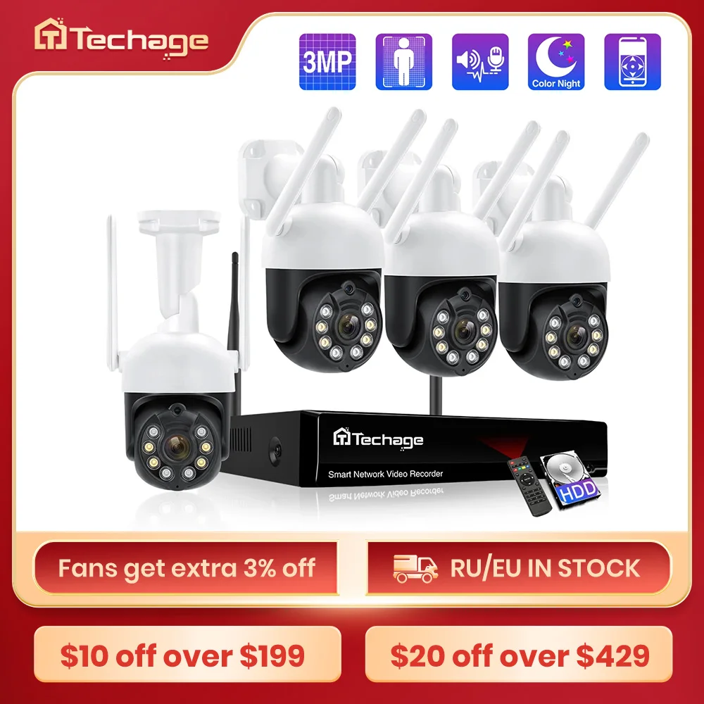 Techage 3MP H.265 8CH Video Surveillance Set PTZ Smart AI Security Camera Wireless NVR Kit Auto Tracking 2 Way Audio Color Night