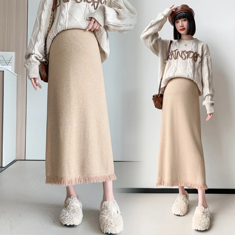 

5588 Tassel Knitted Maternity Long Skirts Loose Straight Belly Bottoms Clothes for Pregnant Women Casual Autumn Winter Pregnancy