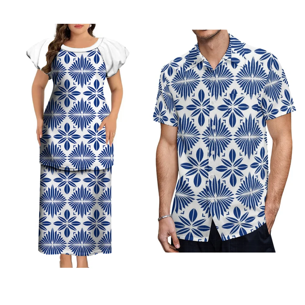 

Casual crewneck puletasi women's long dress Polynesian ethnic style custom patterned summer short sleeve men's shirt couple set