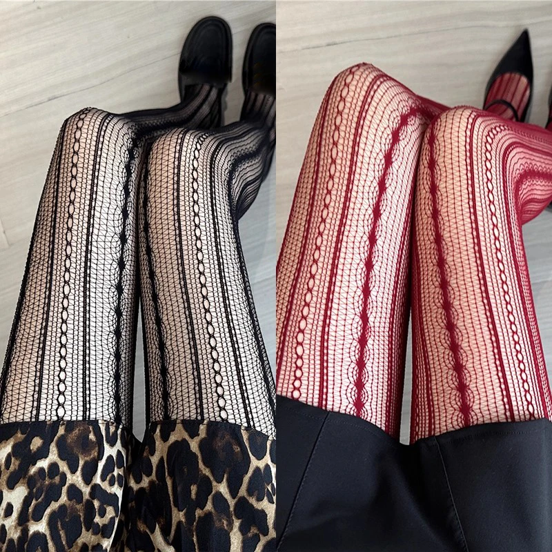 

2pairs JK Sexy Lace Fishnet Pantyhose Lolita Hollow Out Design Red Silk Tight Stockings Black Striped Tights Christmas Gifts