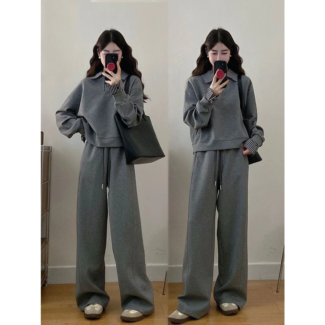 Casual Striped Patchwork Cotton Blend Set Women's Spring Autumn Long Pants Sweatshirt Two Pieces Fake Cotton Diagonal Stripe ...