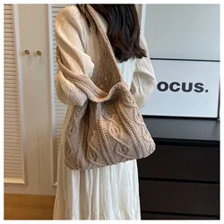 Wool Large Knit Bag Shoulder Shopping Bag for Women Vintage Cotton Cloth Girls Tote Shopper Bag Large Female Handbag Crochet Bag