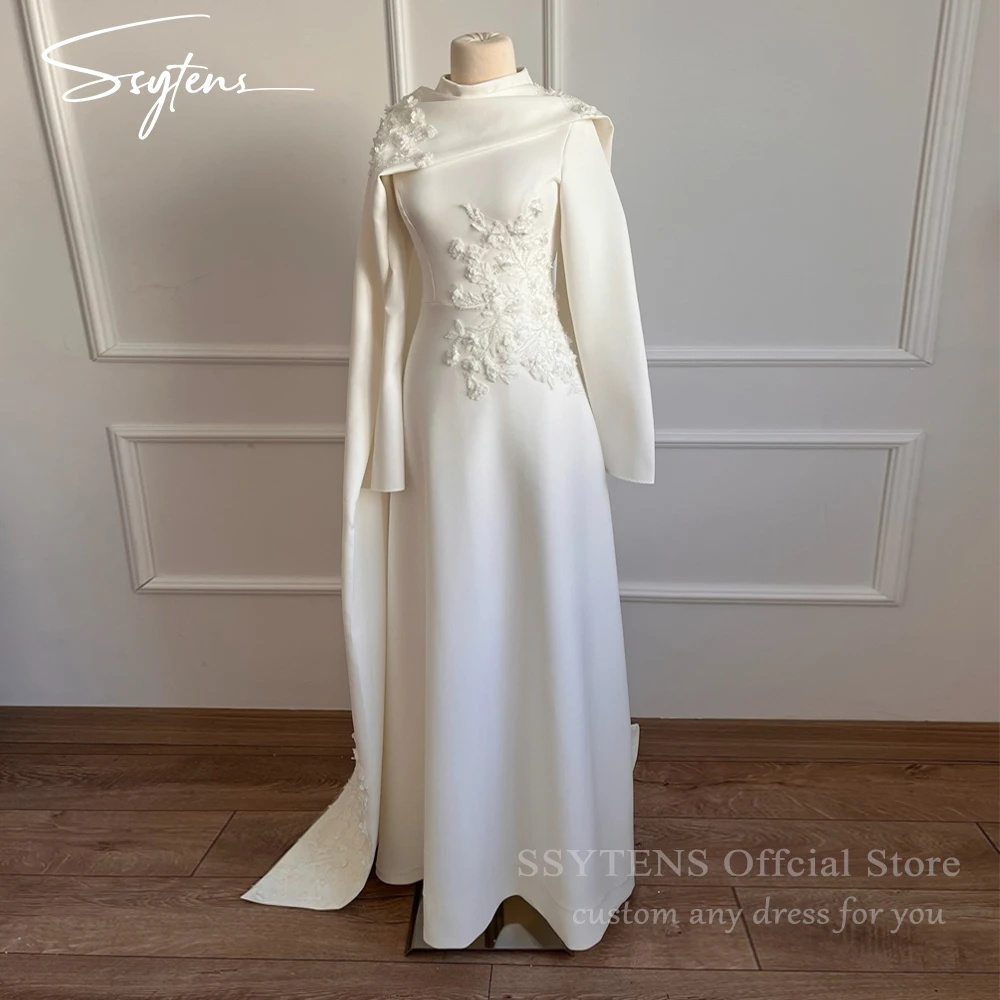 SSYTENS Modest Muslim Wedding Dresses Cape Long Sleeve Applique Customized Brides Ivory Nikkah Bridal Gown Long Vestido De Noiva