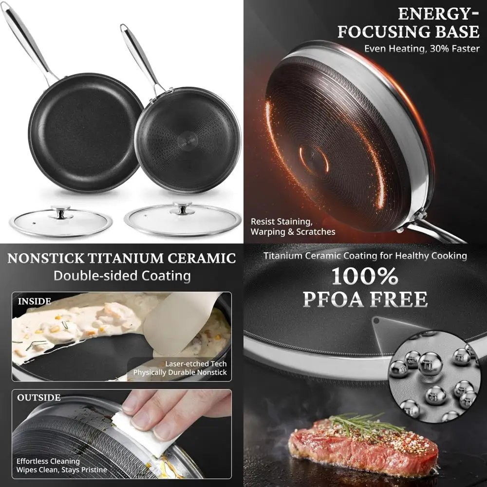 

Набор нетоксичных трехслойных сковородок из нержавеющей стали, 10 и 12 дюймов с крышками, антипригарная титановая керамика, без PFAS/PFOA/PTFE, Hea