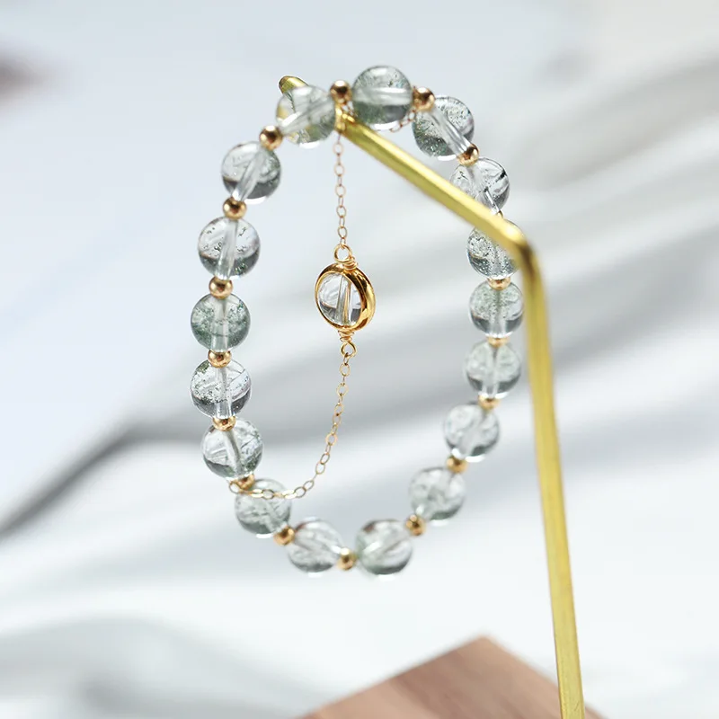 Natural Green Phantom Quartz 14K Gold Filled Starry Adjustable Bracelet Women, Wealth Luck Healing Energy