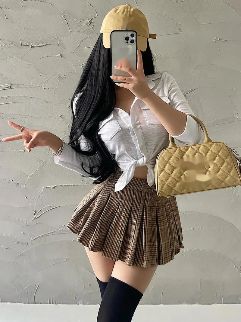 French Retro School Sweet Girl Costume Belt Casual Checkered Pleated Skirt Short Fashion Skirt Korean Style Trendy Clothes S5CV