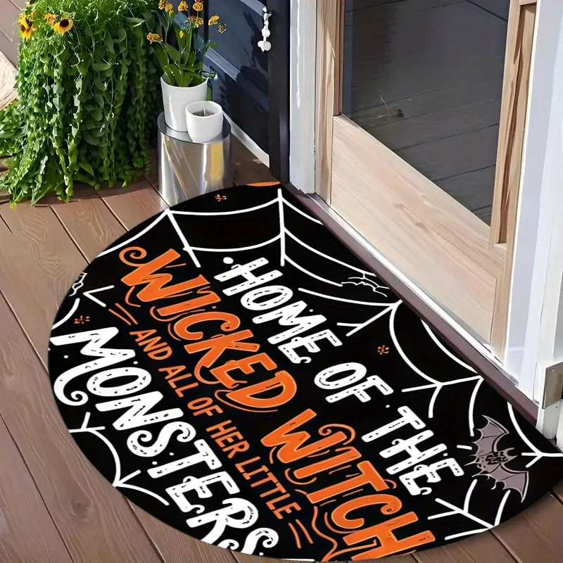Vintage Black Halloween Doormat Spooky Lettering Bat Half Round Welcome Mat Spider Web Pattern Outdoor Entrance Porch Floor