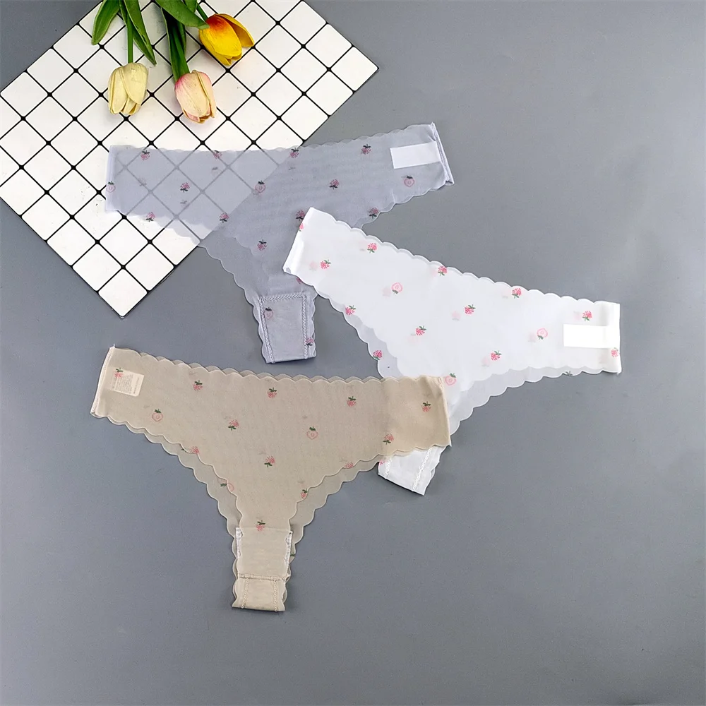 3pcs Ultra Thin Ice Silk Thong Women Plus Size Strawberry Printed Underwear Seamless Cute Girl's Low Waist G-string