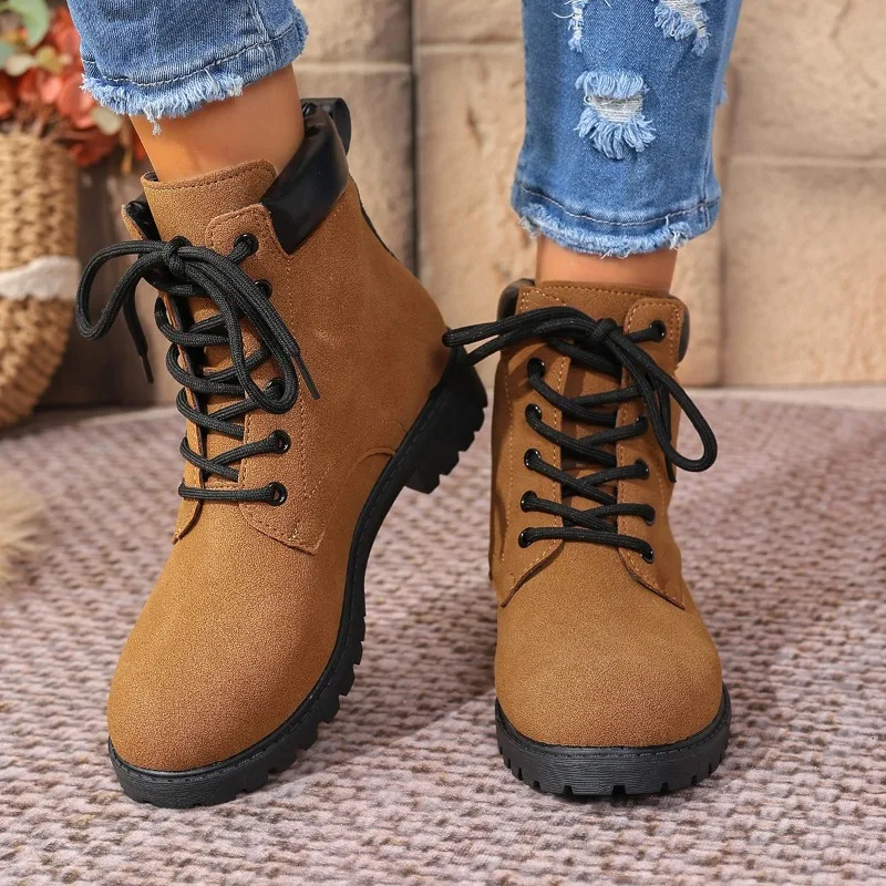 

Lace-Up Front Block Heel Single Boots Women's Fashion Round Toe Suede Anti-Slip Wear-Resistant Booties