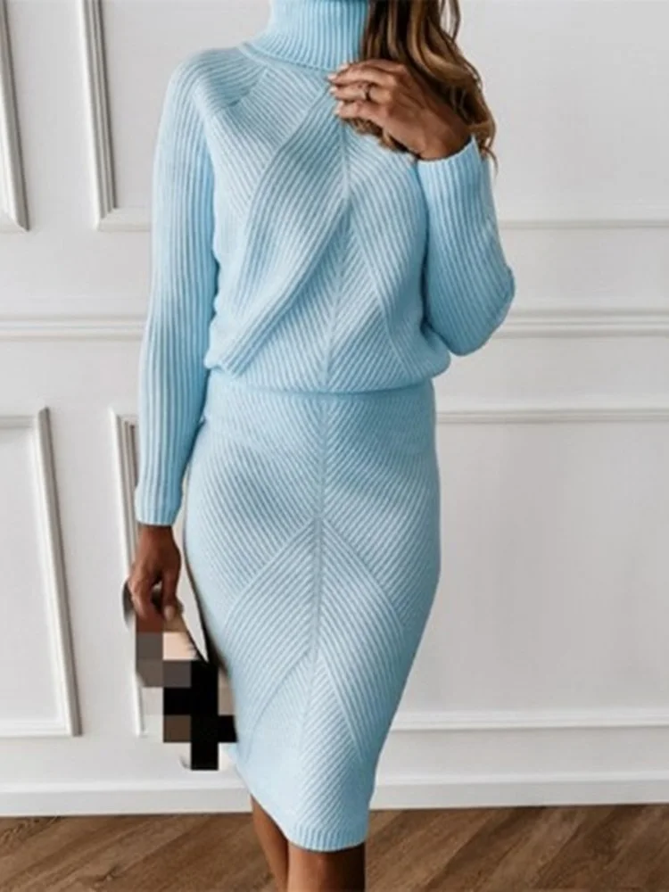 TYHUR-traje de punto de cuello alto para mujer, jersey de Color sólido, suéter y falda delgada, conjunto de dos piezas, otoño