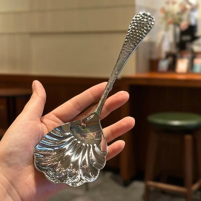 Large Hammered 304 Stainless Steel Shell Spoon Long Soup Spoons Public Hot Pot Serving Scoop Restaurant Table Accessories