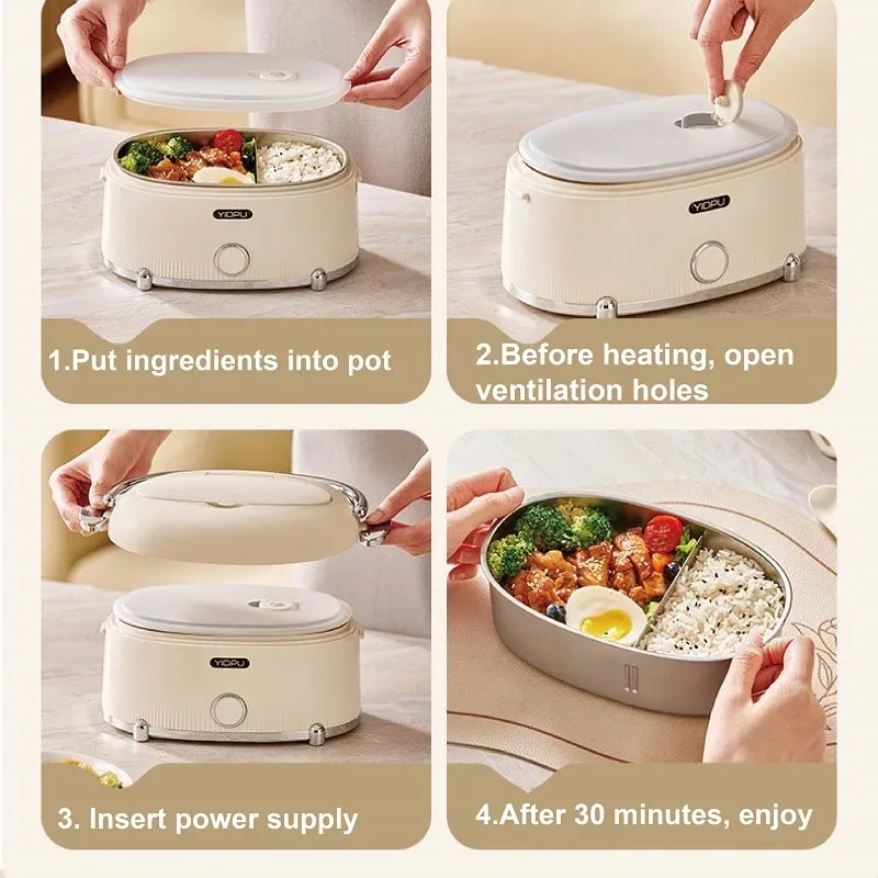 Boîte à déjeuner électrique Portable de 1200ml, isolation thermique sans eau, boîte à déjeuner de bureau en acier inoxydable 304, chauffage rapide des aliments