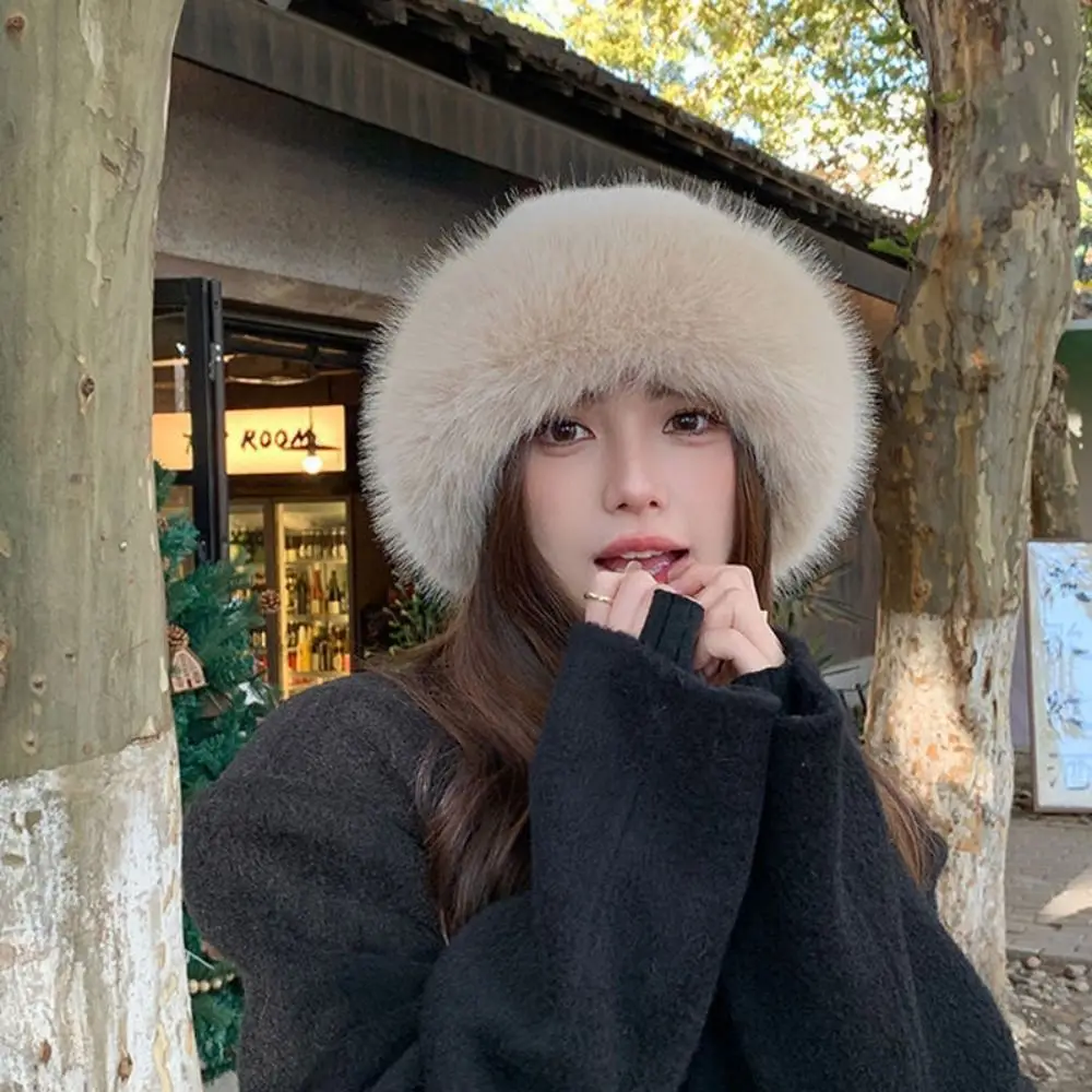 Fashion Warm Cap Faux Fur Mink Hat Korean Style Solid Color Basin Cap Bucket Hat Solid Beanie Outdoor