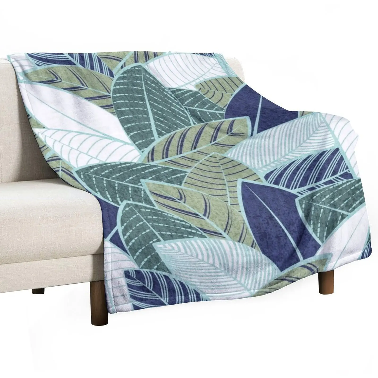 Leaf wall // navy blue pine and sage green leaves mint lines Throw Blanket Blankets Sofas Of Decoration Warm Custom Blankets