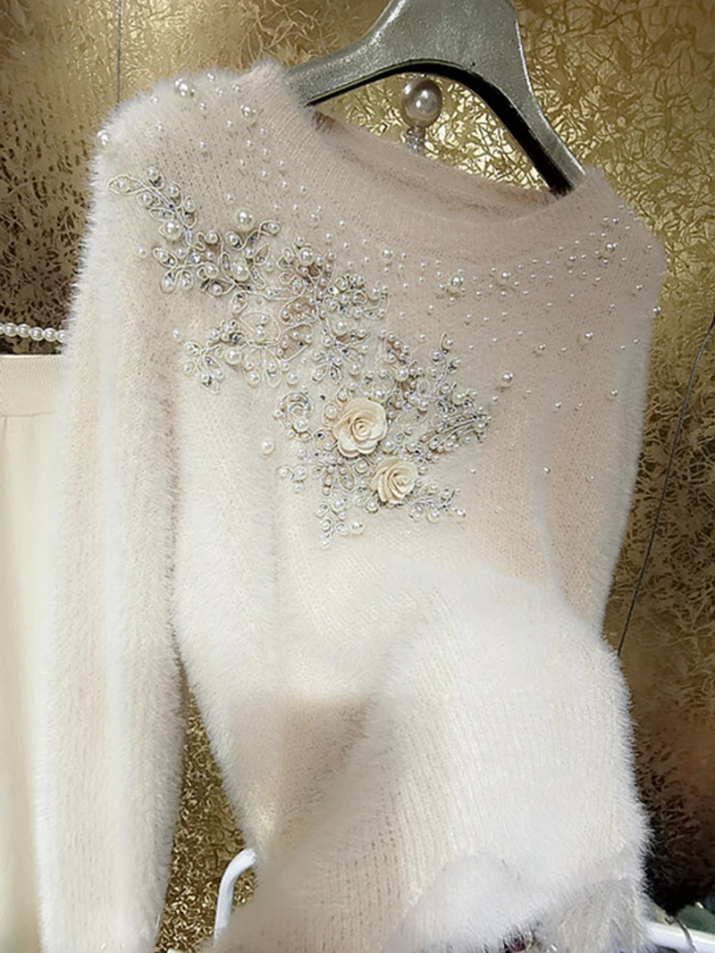 Luxury Style Sparking 3D Floral Embroidery Diamonds Beaded Mohair Short Sweater Faux Fur Knitted Pullovers Mink Cashmere Top