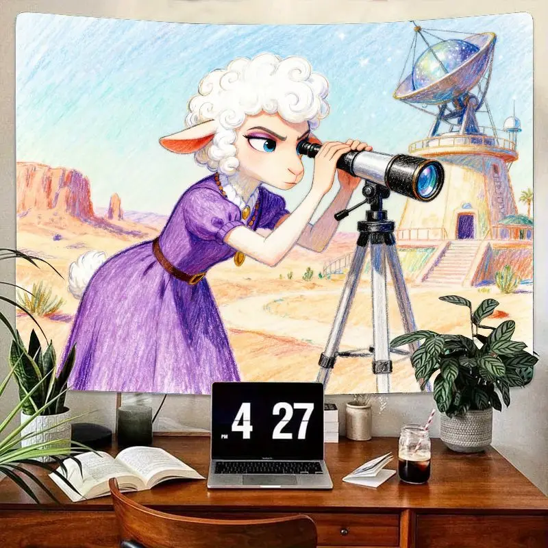 

1 шт. гобелен «Овечий исследователь», фиолетовое платье Ewe с телескопом, настенный художественный домашний декор для спальни и кабинета, ги