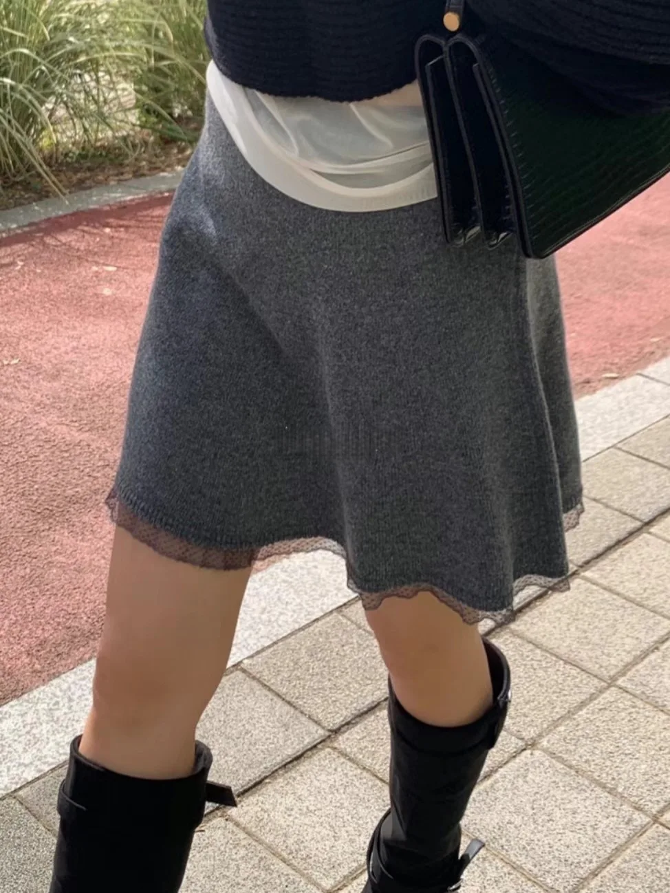 Gonna a trapezio patchwork in pizzo lavorato a maglia a vita alta Gonna da donna che dimagrisce delicata gonna f-lunghezza in maglia Sle Dongda Gate