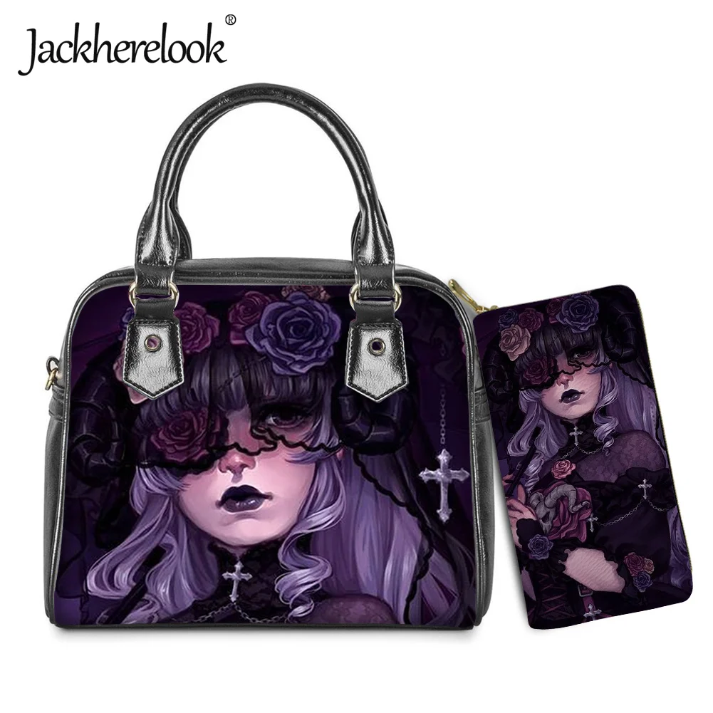 

Jackherelook Gothic Girl PU Leather Handbags for Women Lady Cross Body Bags&Female Clutch Wallet 2Pcs/Set Bolsa Feminina 2022