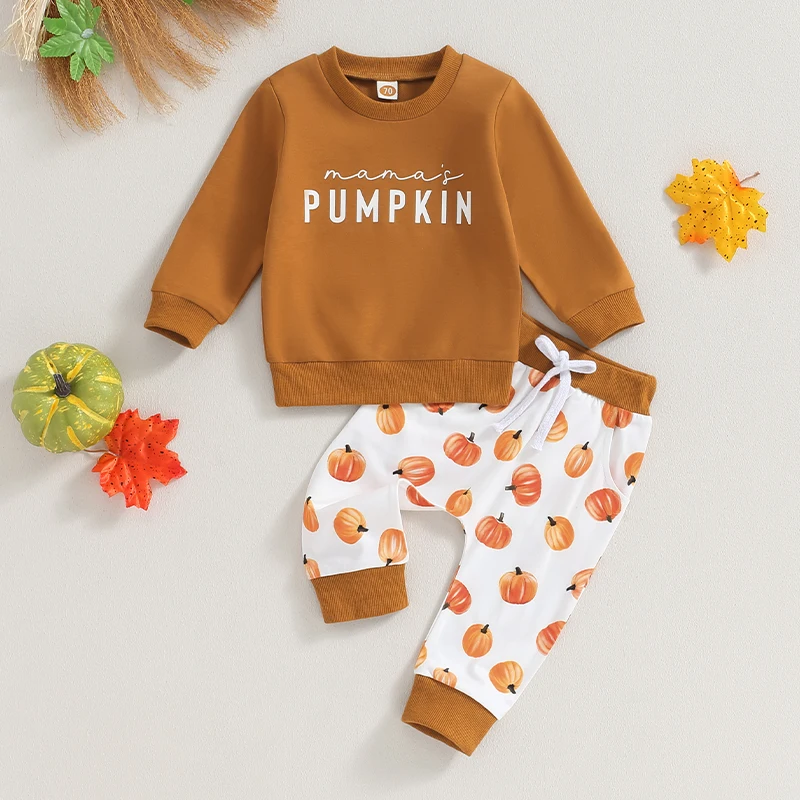 Infant 2-Piece Halloween Costume Set with Long Sleeve Letter Print Sweatshirt and Pumpkin Trousers - Adorable Toddler Apparel