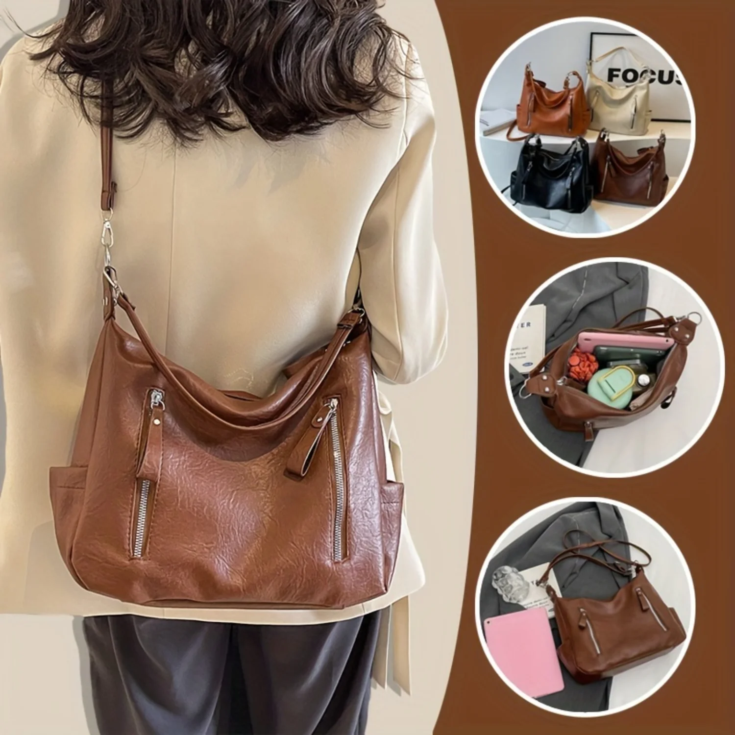 

Faux Leather Hobo Bag for Women, Large Capacity Vintage Tote with Zippers, Fashionable Single Shoulder and Crossbody Bag, Retro