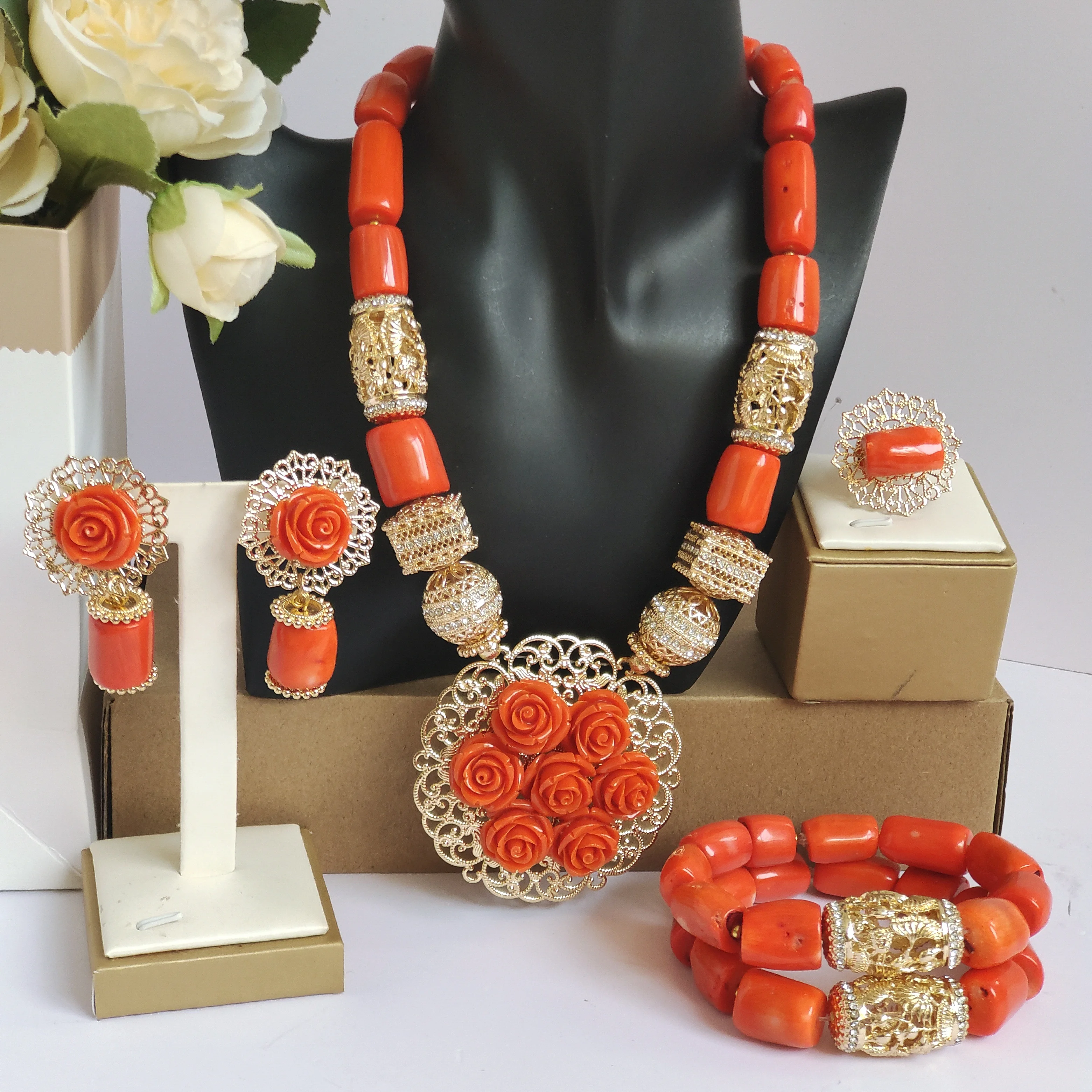 

orange real african wedding coral beads nigerian jewelry set