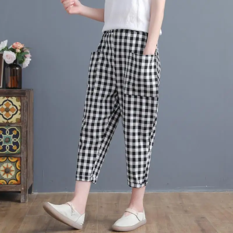 Women's Clothing Spring Summer Contrast Color Plaid Elastic High Waisted Pockets Trousers Trouser Suits Korean Fashion Pants