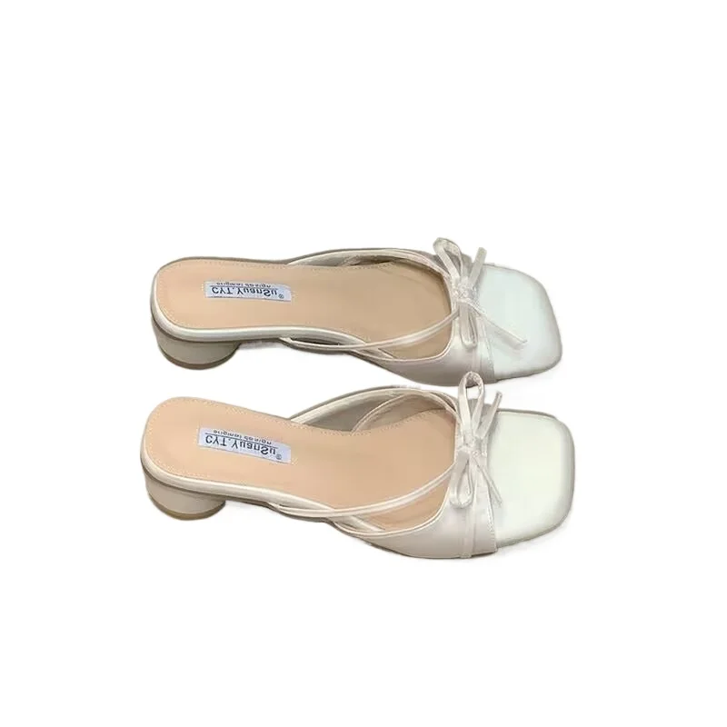 نمط جديد فاخر مصمم الصيف فراشة عقدة الدانتيل شبشب نسائي عادية سميكة فستان كعب منخفض الشارع نمط الشرائح Zapatos Mujer #6