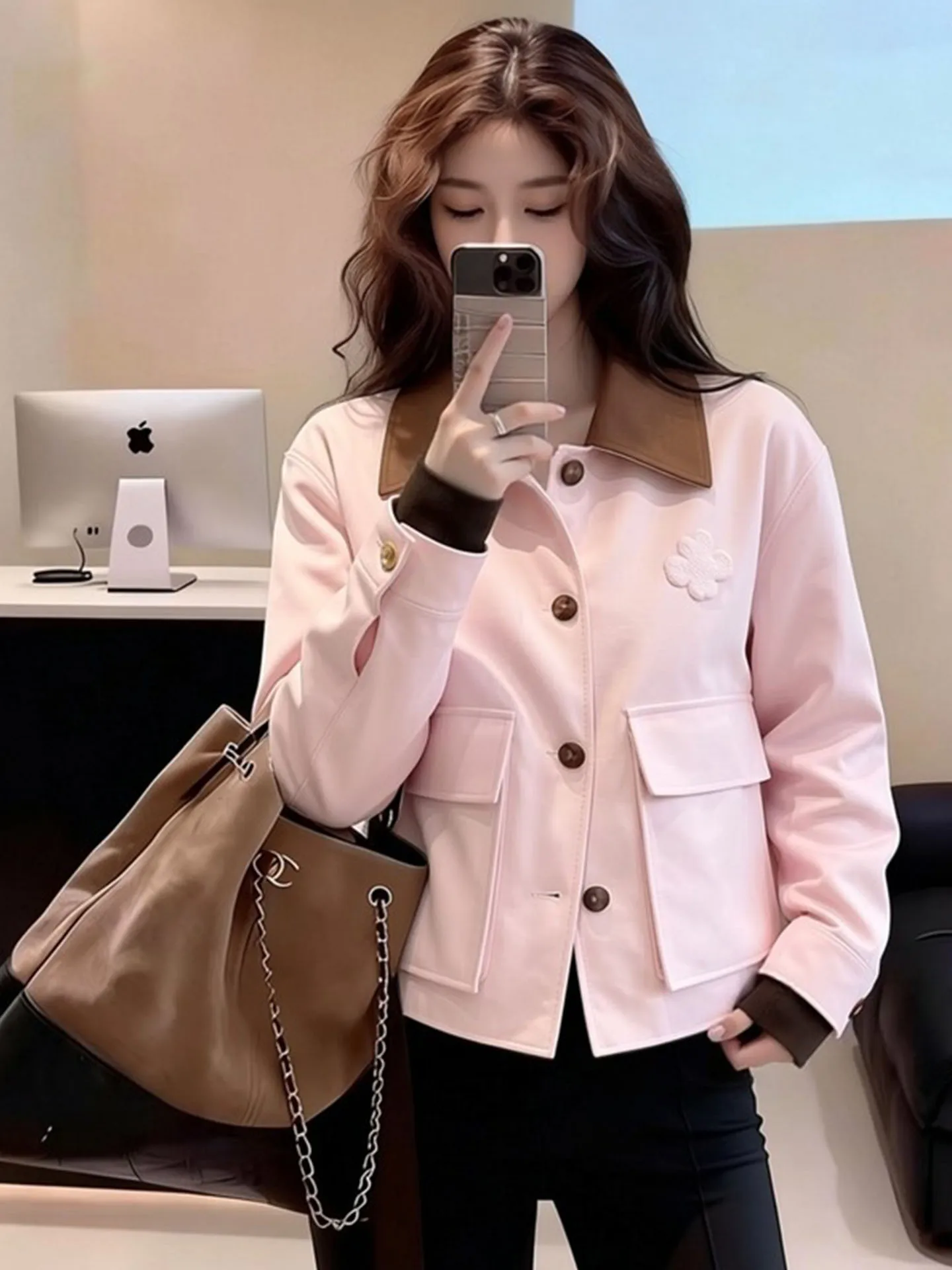 

Весна 2026: Женская модная повседневная рабочая одежда – розовая куртка с отложным воротником, свободного кроя, универсальный топ на пуговицах с длинными рукавами