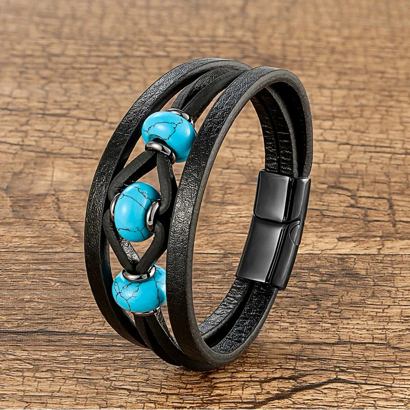 Personality natural round stone bracelet retro multilayer leather men's bracelet charm stainless steel magnetic jewelry