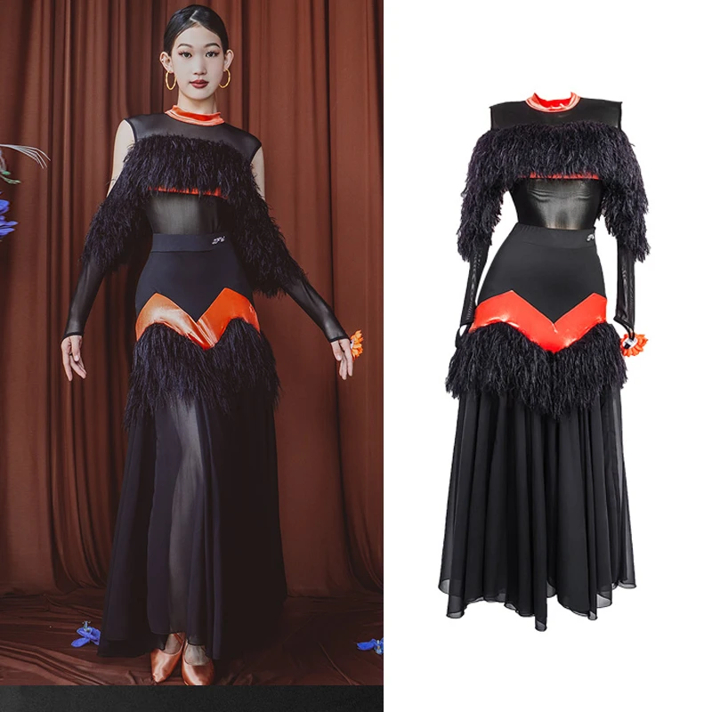 

High-End Modern Dance Training Suit Sexy Backless Tops Large Swing Social Dance Skirt Set Ballroom Dance Dress For Women DN16180
